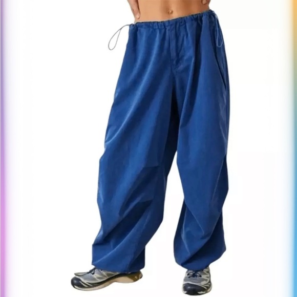 Urban Outfitters iets frans Shiny Balloon Baggy Parachute Pants in Blue Size L - Picture 1 of 9